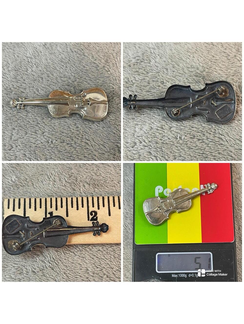 Vtg Signed LANG 925 Sterling Silver Violin Musical Instrument Brooch Pin